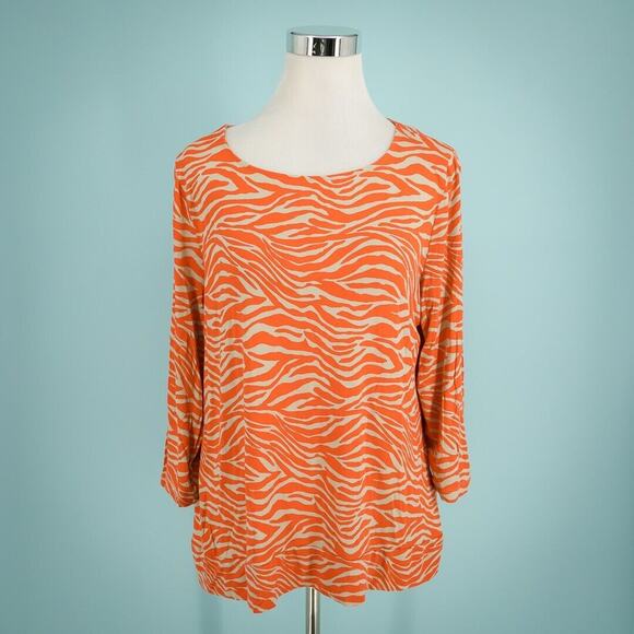 Chico's 2 Size Large L Orange Tan Zebra Animal Print Scoop 3/4 Sleeve Knit Top - Picture 1 of 7